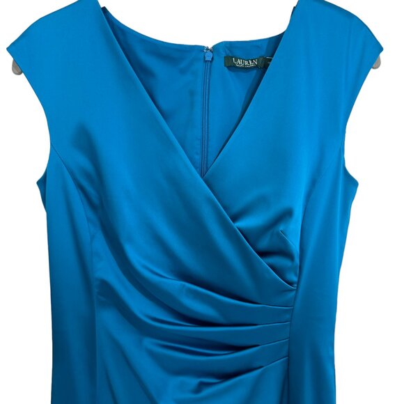 Lauren Ralph Lauren Teal Blue Satin V Neck Cocktail Party Dress Sleeveless Sz 10 - Picture 2 of 8